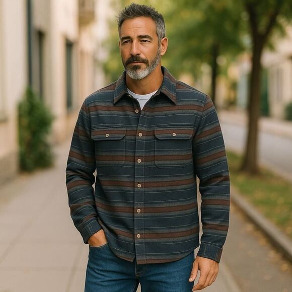 Toad&Co Shirt Mens Striped Flannel Mojac Dos Shirtjac Shacket Snap Front | M EUC - Picture 1 of 14